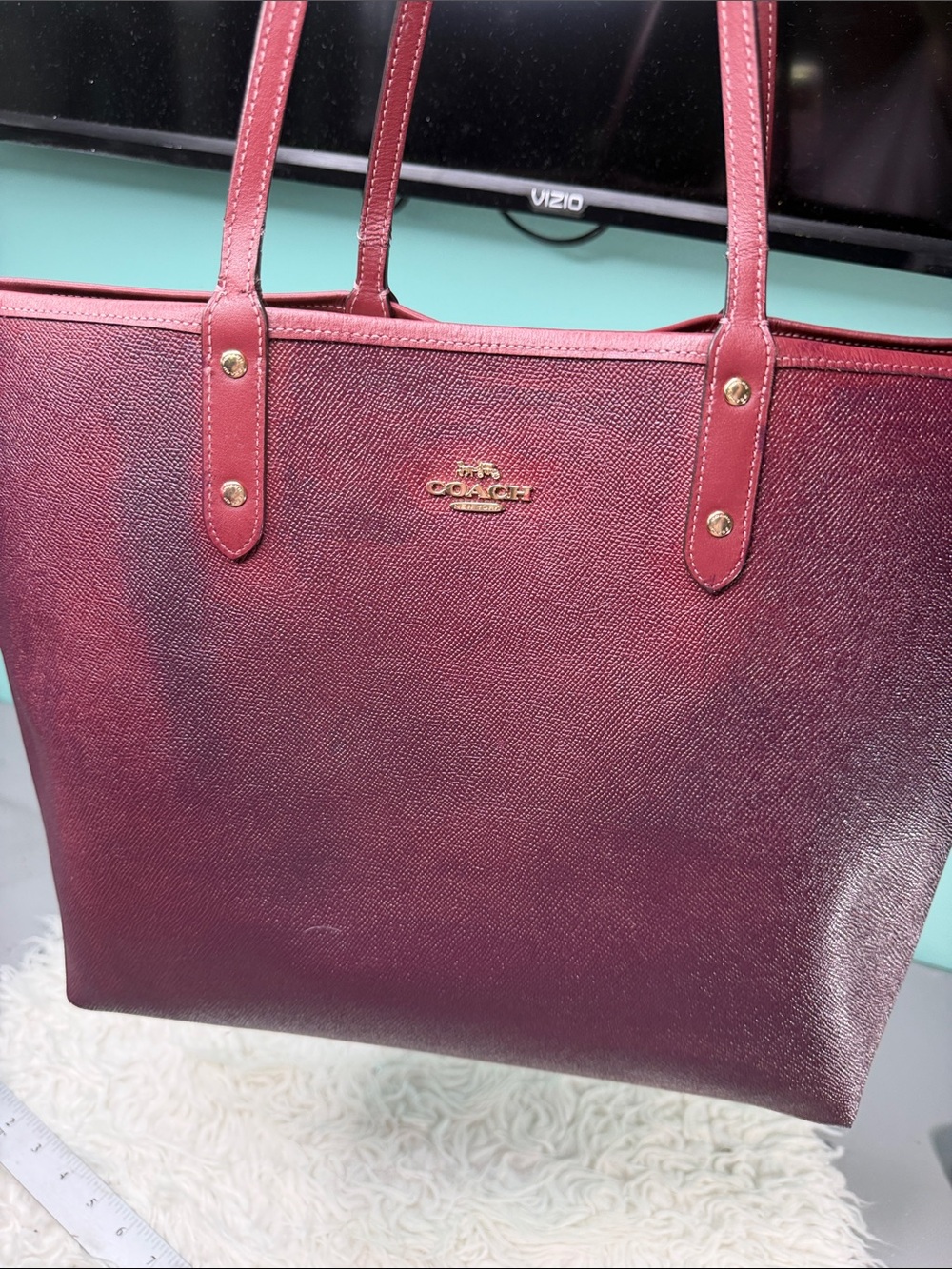 Coach Large Wine Red Leather Tote with Floral Lining - Picture 5 of 15
